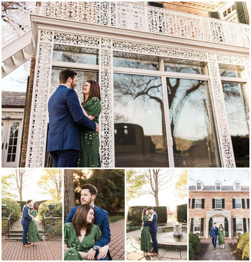 a collage of images featuring a couple sharing romantic moments with a mansion in the background