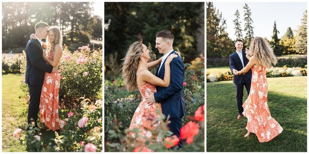 collection of images of a couple sharing romantic moments in a floral landscape