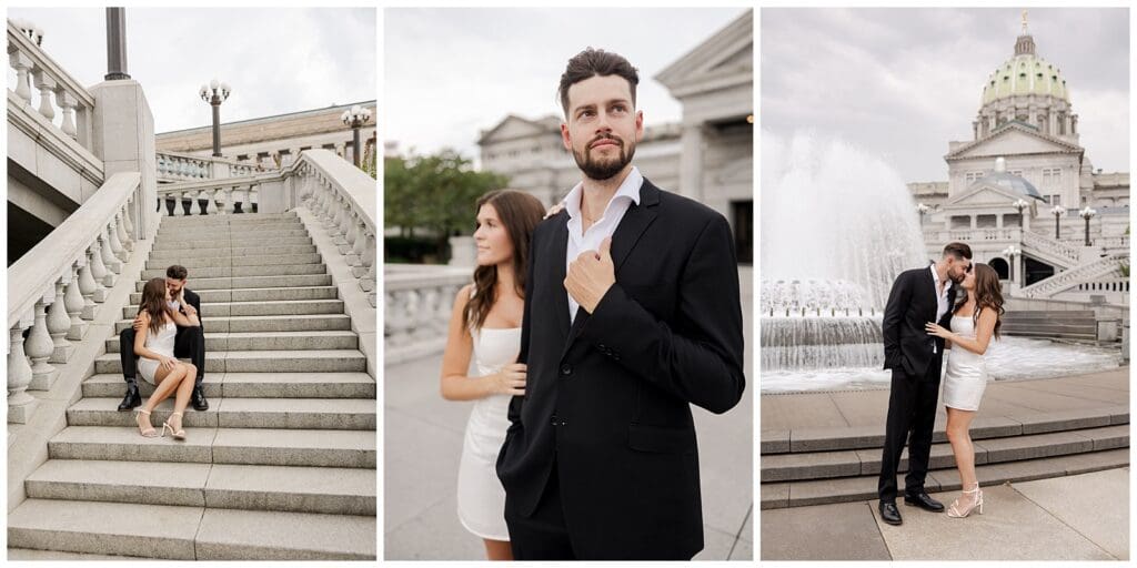 a series of images featuring an engaged couple in front of a state capitol building