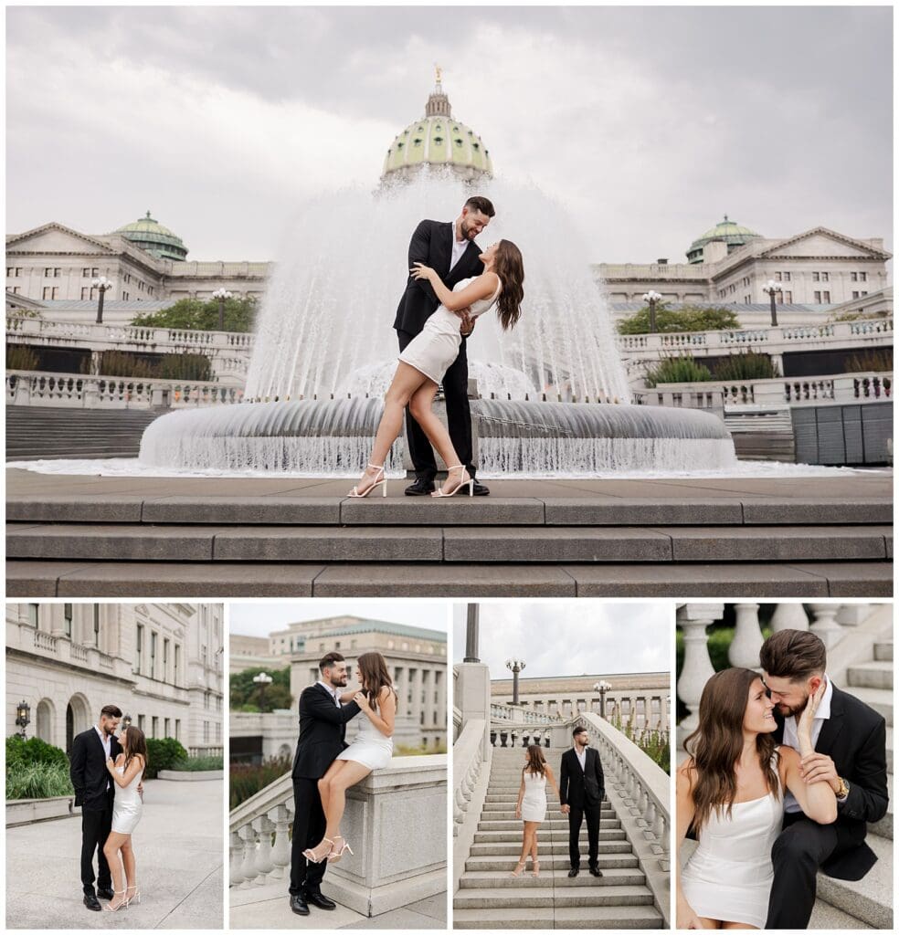 a series of images of an engaged couple in front of a state capitol building featuring beautiful architecture, staircases, and fountains