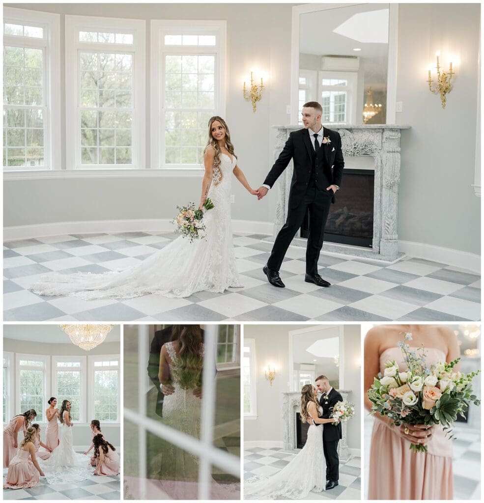 a collage of images of a bride and groom and bridesmades featuring large windows and natural indoor lighting