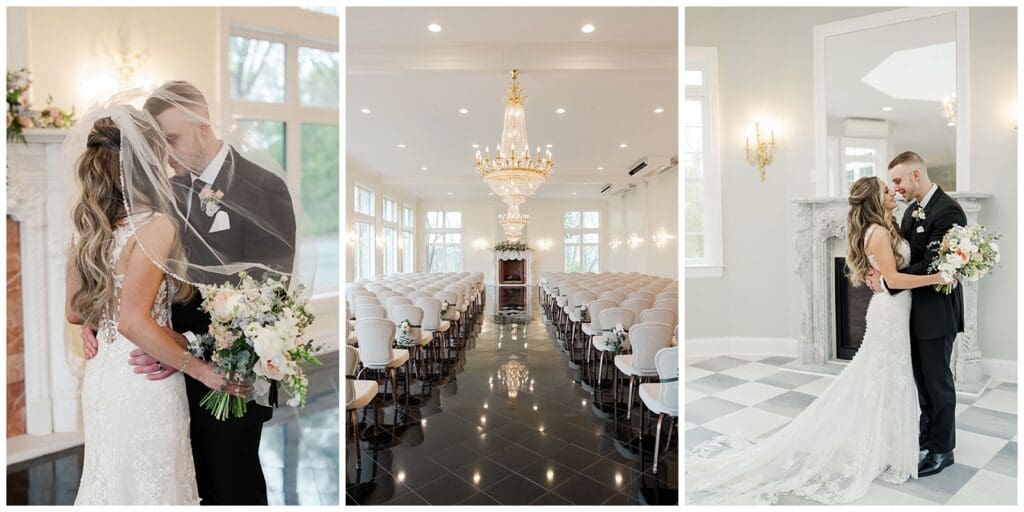 a series of images of a bride and groom inside of a mansion wedding venue