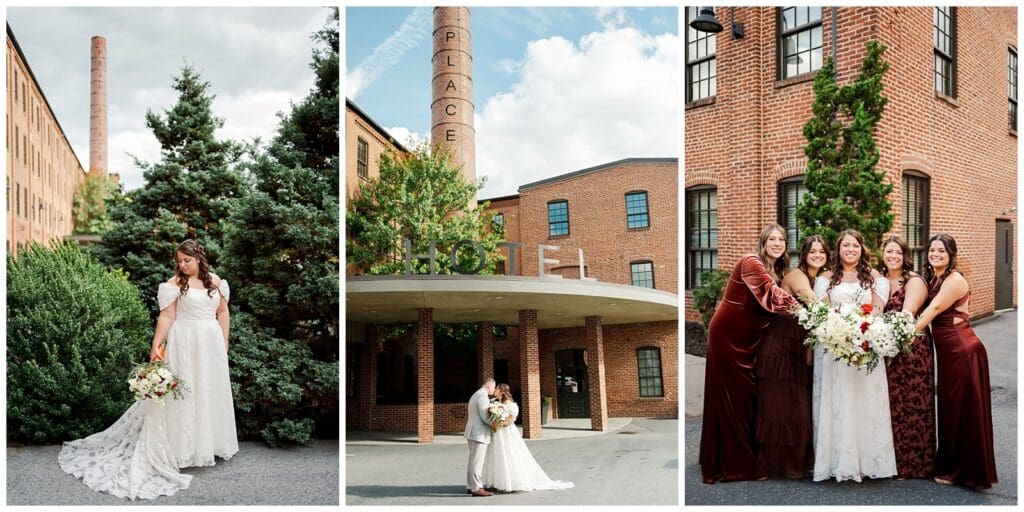 a series of wedding images including brides maids and bride and groom with an industrial brick background