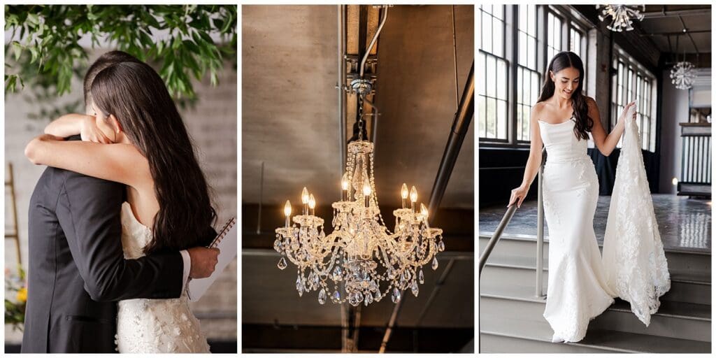 a collection of images featuring a bride walking down stairs and modern venue details