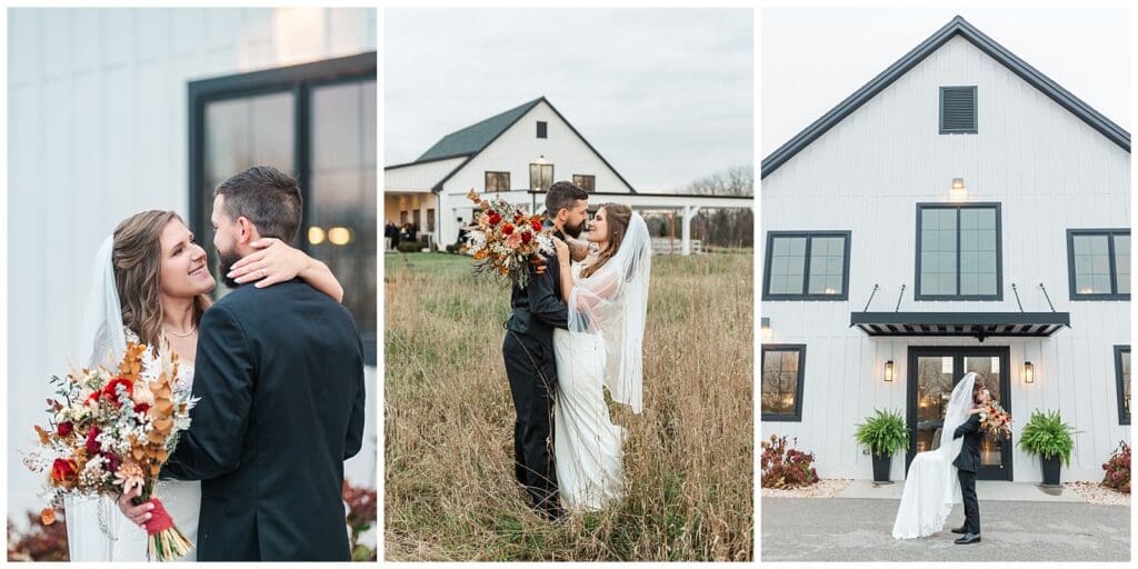 a collection of wedding images featuring bride and groom kissing and a modern farmhouse background