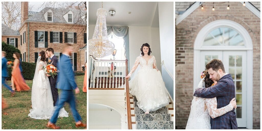 a collection of wedding images located at an estate featuring historic architecture