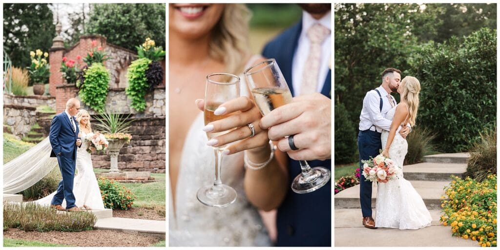 a collage of images featuring bride and groom portraits in a stunning flower garden