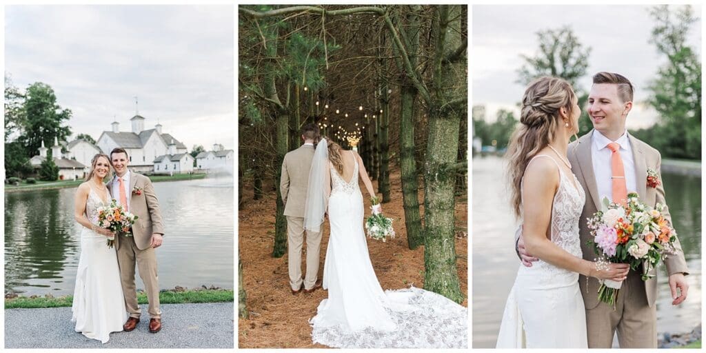a collection of images featuring romantic moments between a bride and groom in a countryside lake
setting