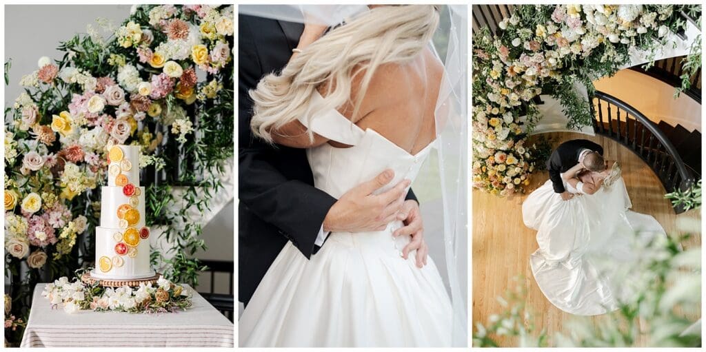 a collection of wedding images featuring yellow, pink and white florals
