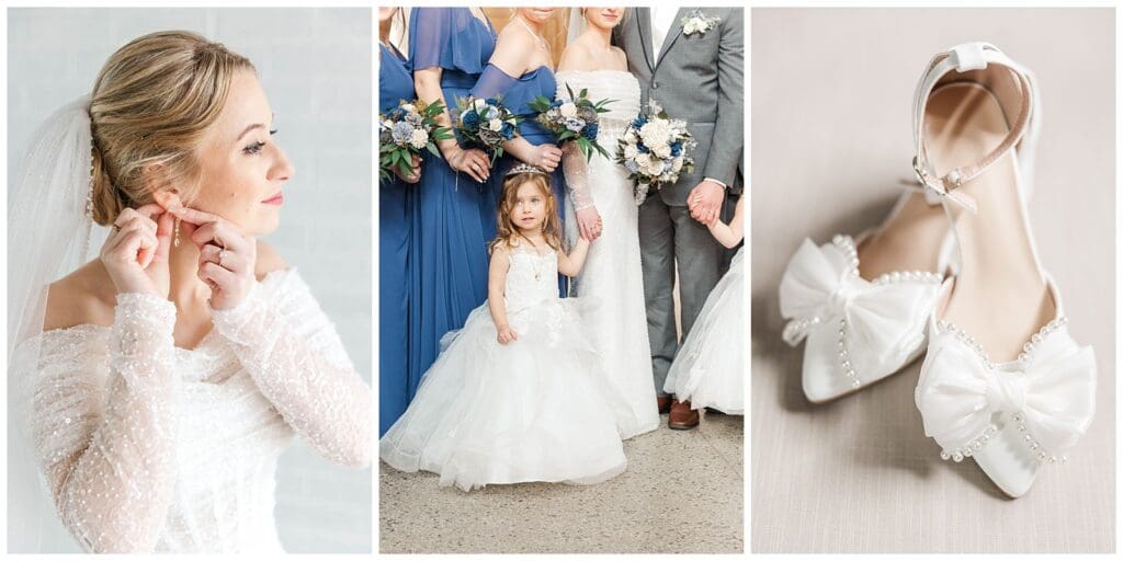 a series of images featuring bridal details and a flower girl portrait