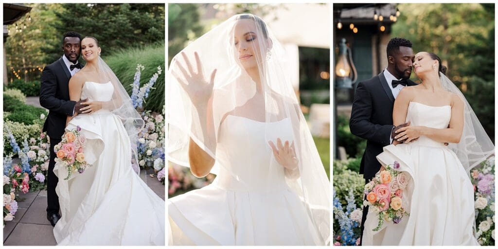 a series of bride and groom portraits featuring a walkway lined with florals
