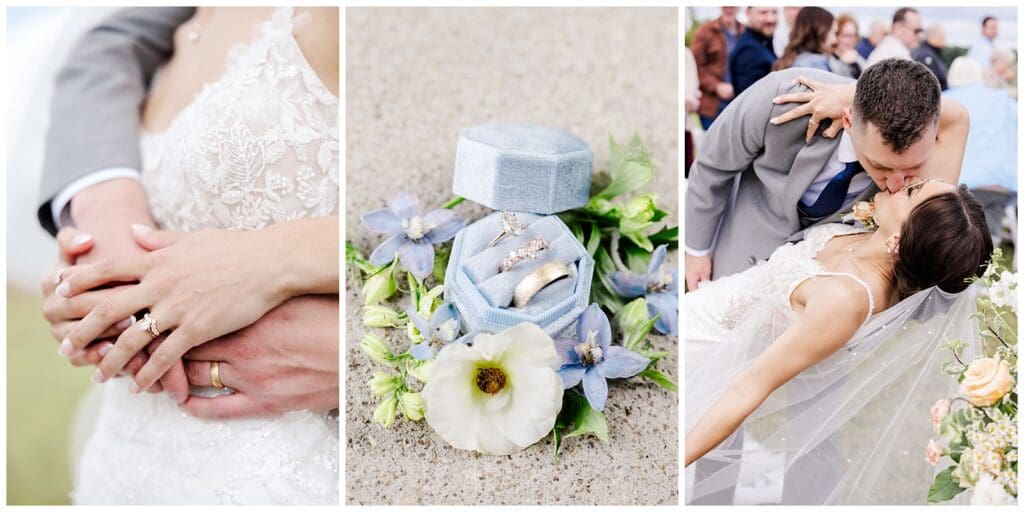 collection of wedding images featuring ring details and bride and groom kissing