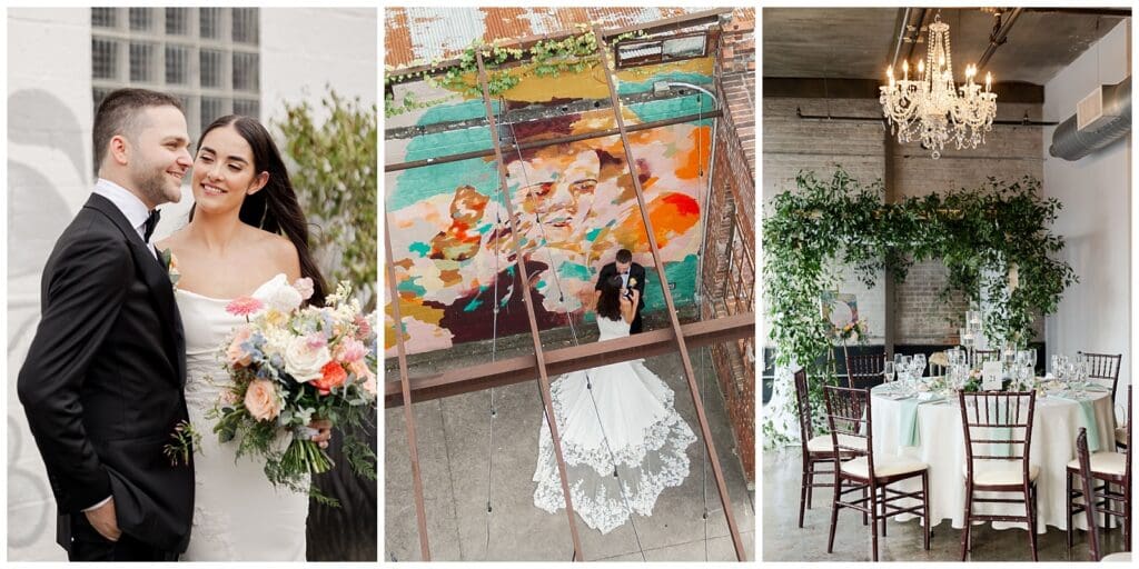 a collection of wedding images feauturing bride and good portraits in a modern, industrial venue