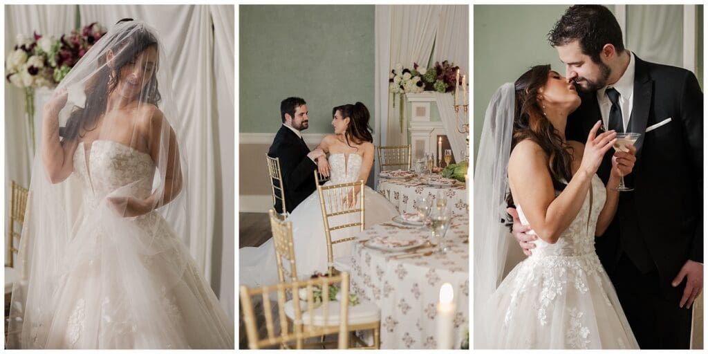collection of editorial images featuring a bride and groom in a mansion reception venue