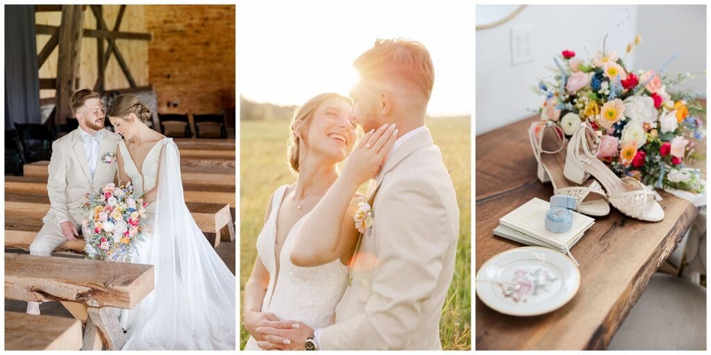 a collection of images featuring bridal details and romantic moments between a couple