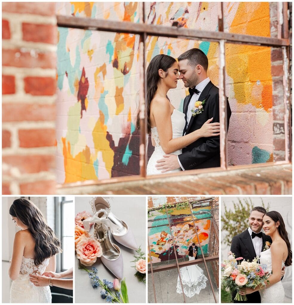 a collection of images featuring bride and groom portraits and wedding details with modern, colorful architecture in the background