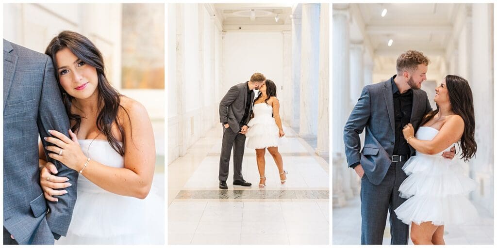 a series of romantic images between an engaged couple at an art museum