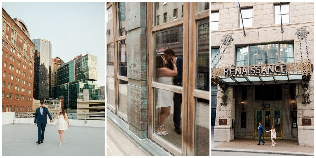 a collection of images of an engaged couple holding hands and walking featuring a city skyline and architecture in the backgroud