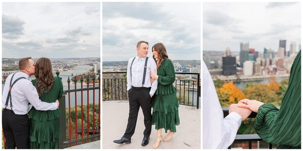 a collage of images of an engaged couple kissing at a scenic city overlook