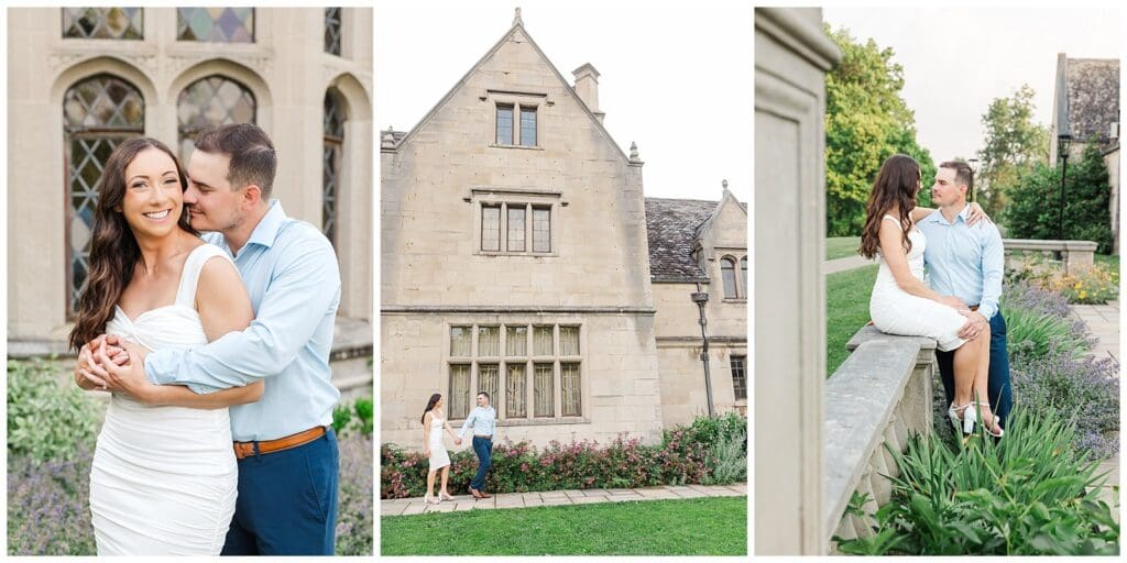 a series of images of an engaged couple sharing sweet moments featuring landscape and stone architecture