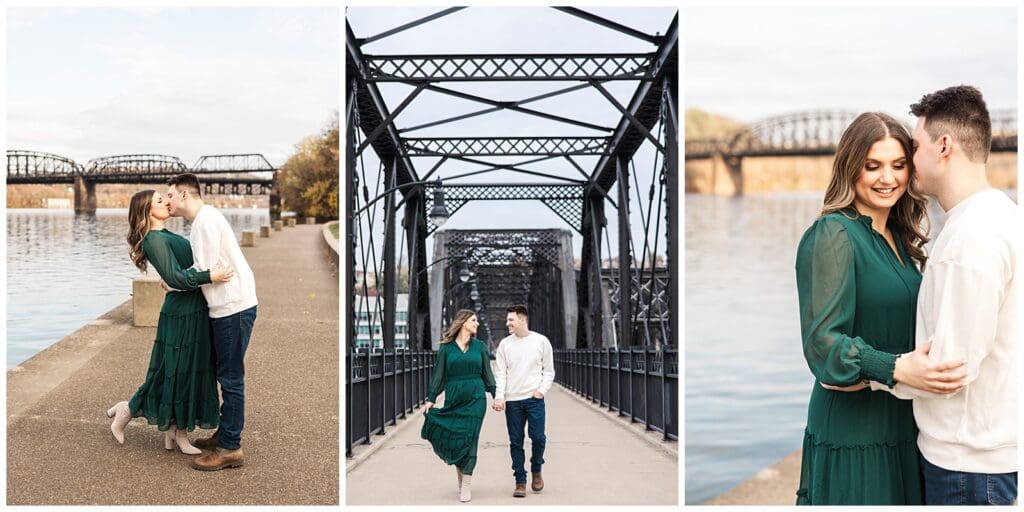 a series of engagement photos featuring a modern black metal bridge in the background