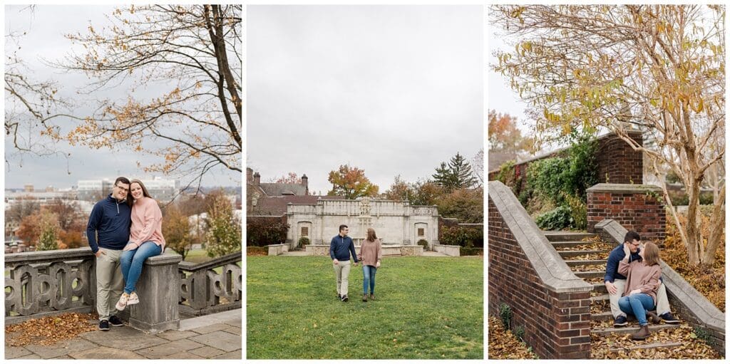 a series of images featuring an engaged couple snuggling with a scenic fall backdrop 
