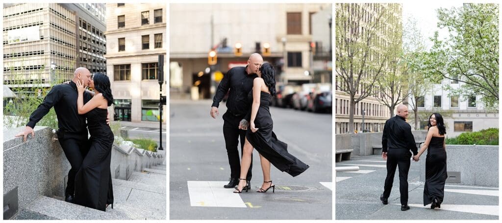 series of images featuring a couple kissing and walking in an urban setting