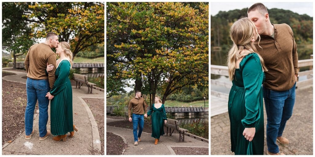 a collection of images showing romantic moments between an engaged couple amidst an autumn nature landscape