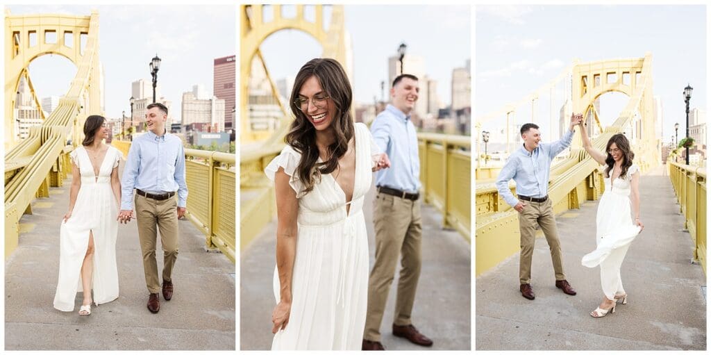 a series of images of an engaged couple walking along a yellow city bridge