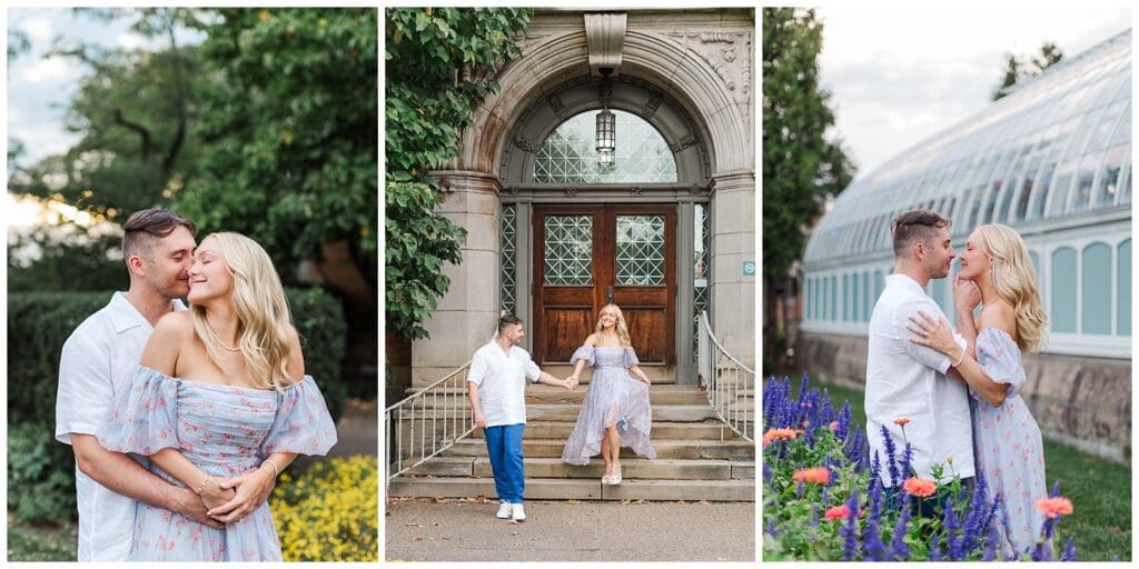 a collage of images featuring romantic moments between an engaged couple located at a botanical garden