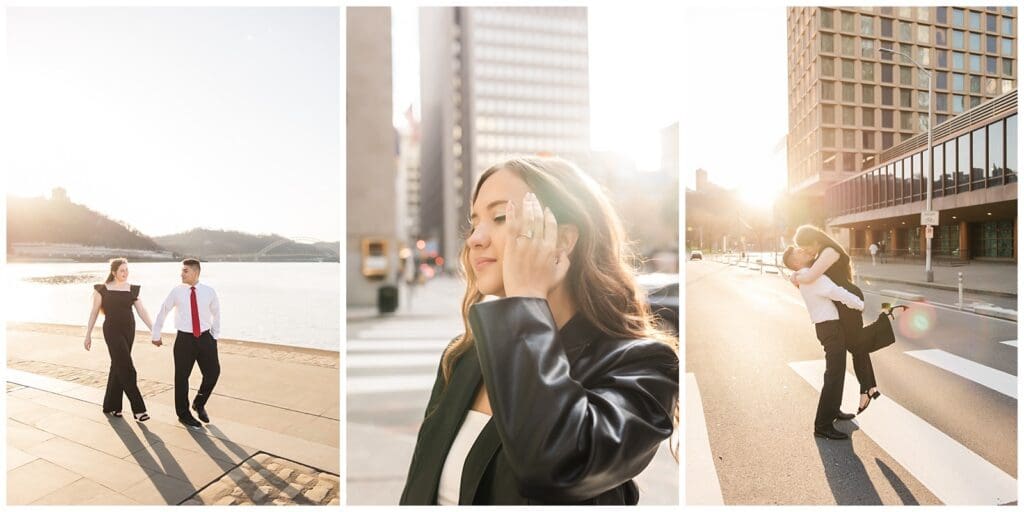 a series of engagement photos featuring romantic sunset moments between a couple in city location
