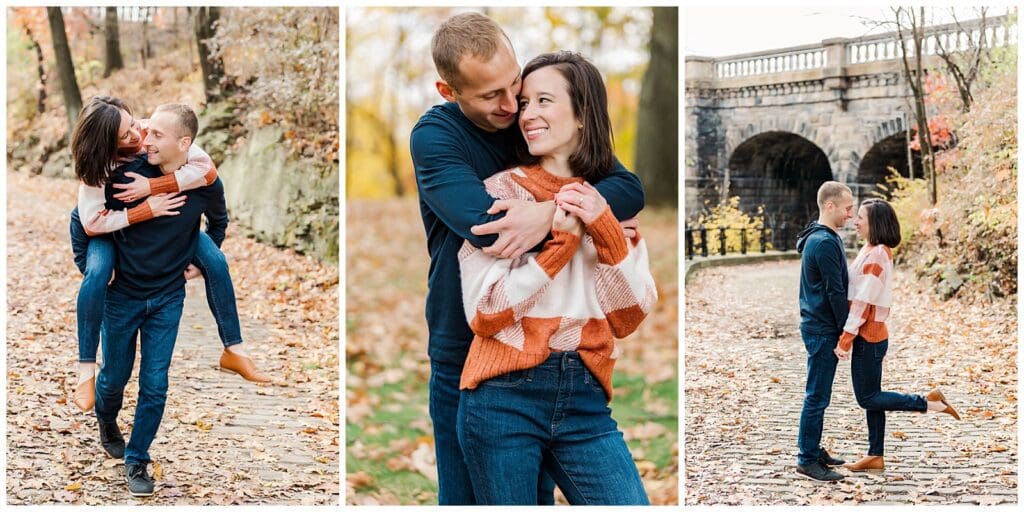 a collection of fall engagement images featuring the couple hugging