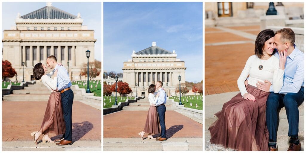 a collection of images featuring romatic moments between and engaged couple at a memorial park