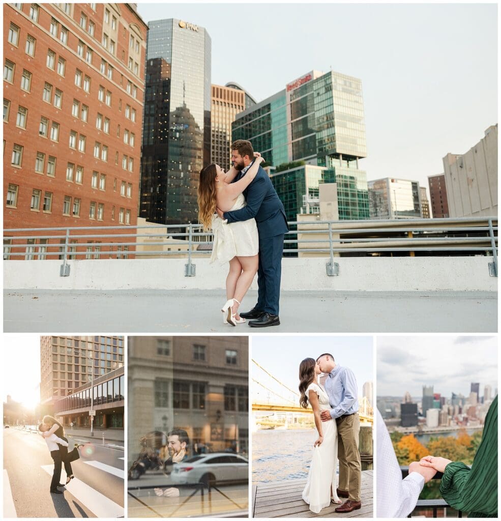 a series of engagement photos featuring a variety of city views and romantic poses
