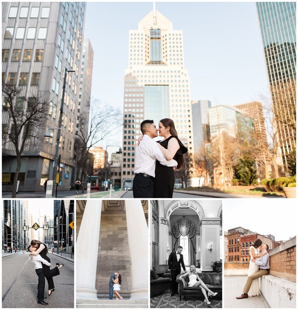 a collage of engagement photos featuring various urban backdrops