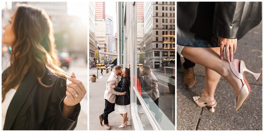 a collection of engagement images featuring close up ring detials and a kiss amidst an urban backdrop