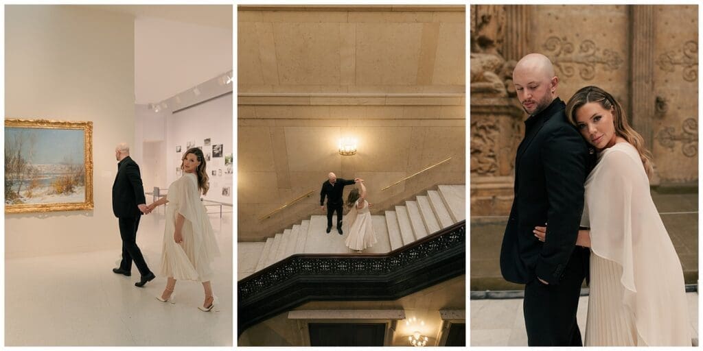 series of editorial images of an engaged couple at an art museum