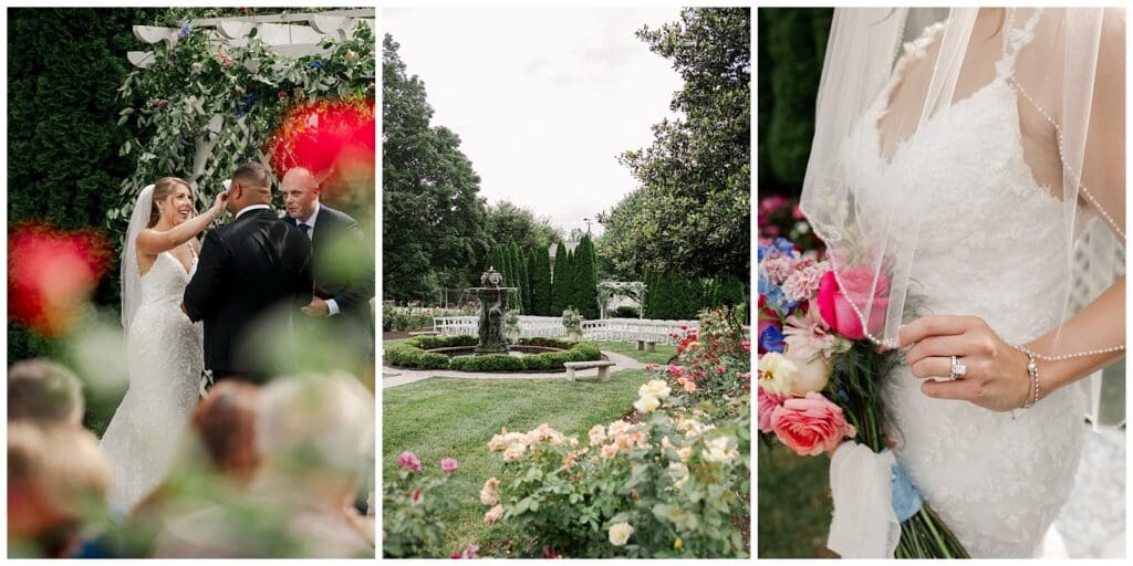 collection of wedding images featuring florals and bride and groom giving their vows