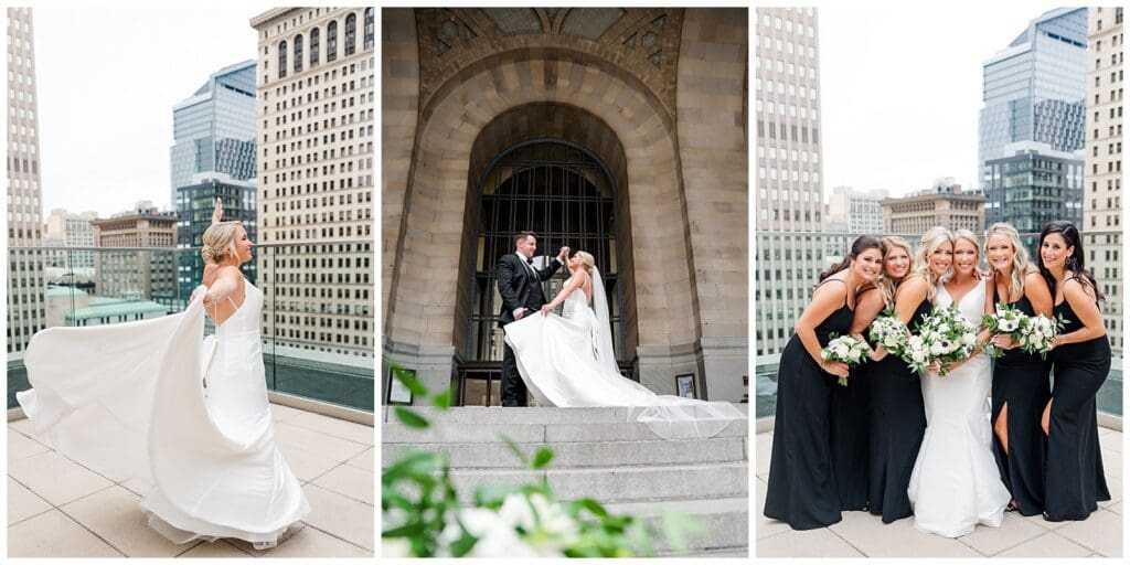 collection of wedding images featuring a city skyline backdrop