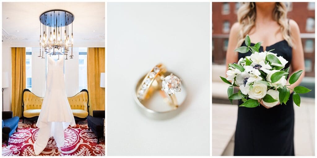 collage of wedding images featuring ring, dress, and floral details