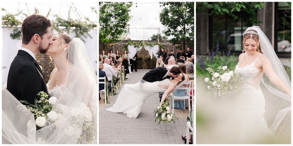 collage of wedding images featuring the bride and groom kissing 
