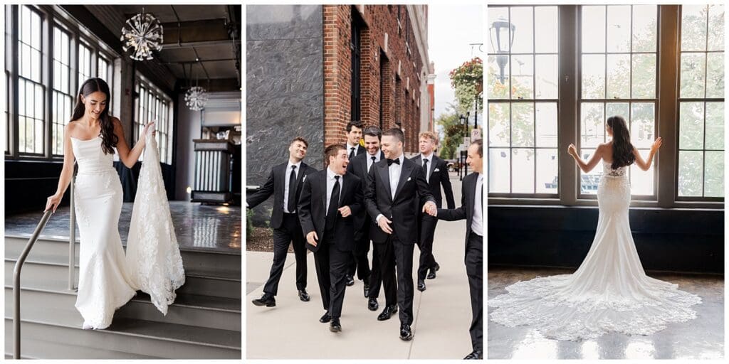collection of wedding images featuring the bride holding her train and the groomsmen laughing