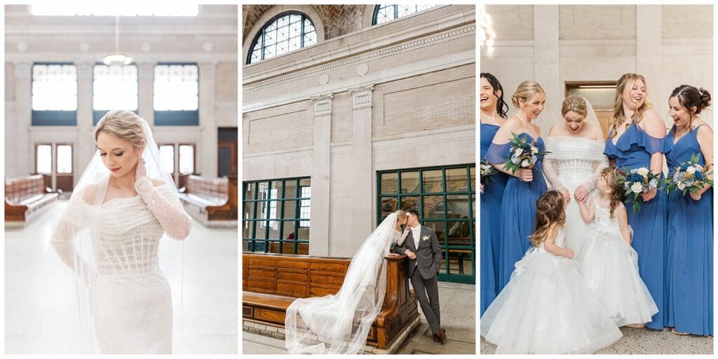 collection of wedding images featuring bride and groom kissing and bride smiling at her flower girls