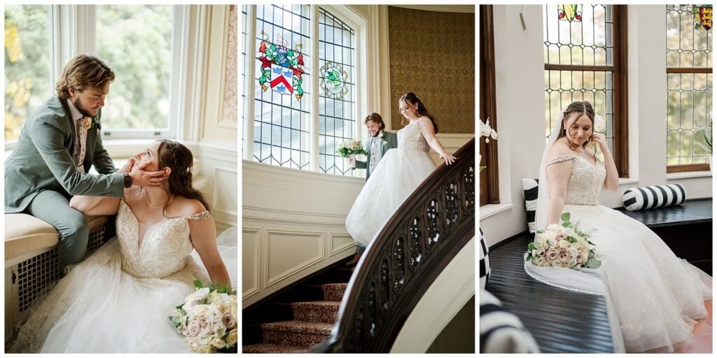 wedding images featuring a bride and groom walking down a grand staircase