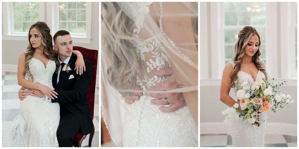 collage of wedding images featuring a bridal portrait and dress details 